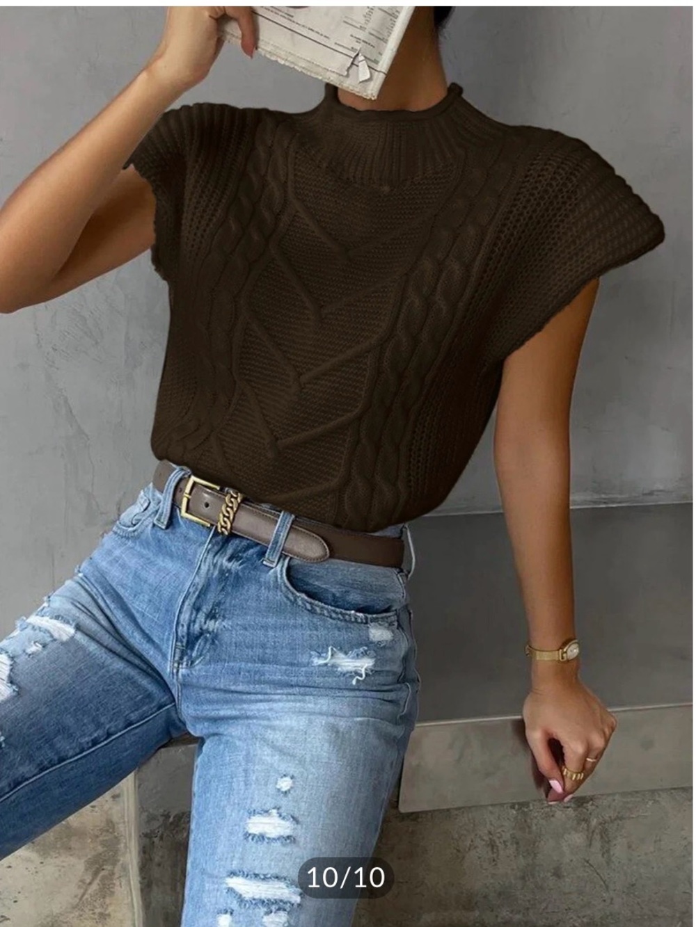Commense Plain Cap Sleeve Sweater Vest Dark Brown